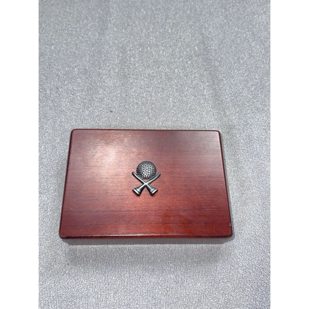 VTG Cherry Wood Box w/ Pewter Golf Ball & Tees Decor.